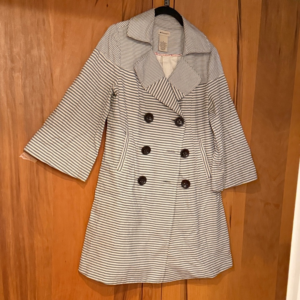 Anthropologie Striped Double-Breasted Trench Coat in Navy and White
